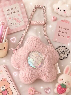 Angel Face Pink Fuzzy Star Purse Sequin Heart Kids Bag NWT